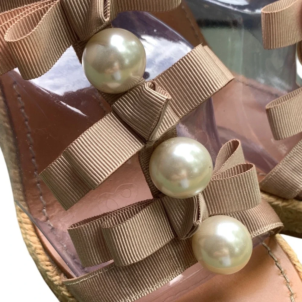 Kate Spade Espadrille Wedge Sandals Ribbon Bow Pearl Detail Feminine Size 8.5